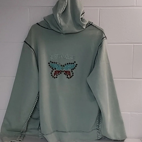 True Grit Lrg PEACE Butterfly Embroider Studs Light Green Hoodie Zip Sweatshirt - Picture 11 of 11